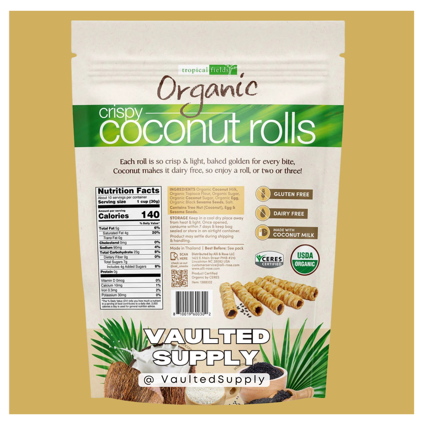 Tropical Fields Organic Crispy Coconut Rolls 11oz (3 Pack) Gluten-Free Snack