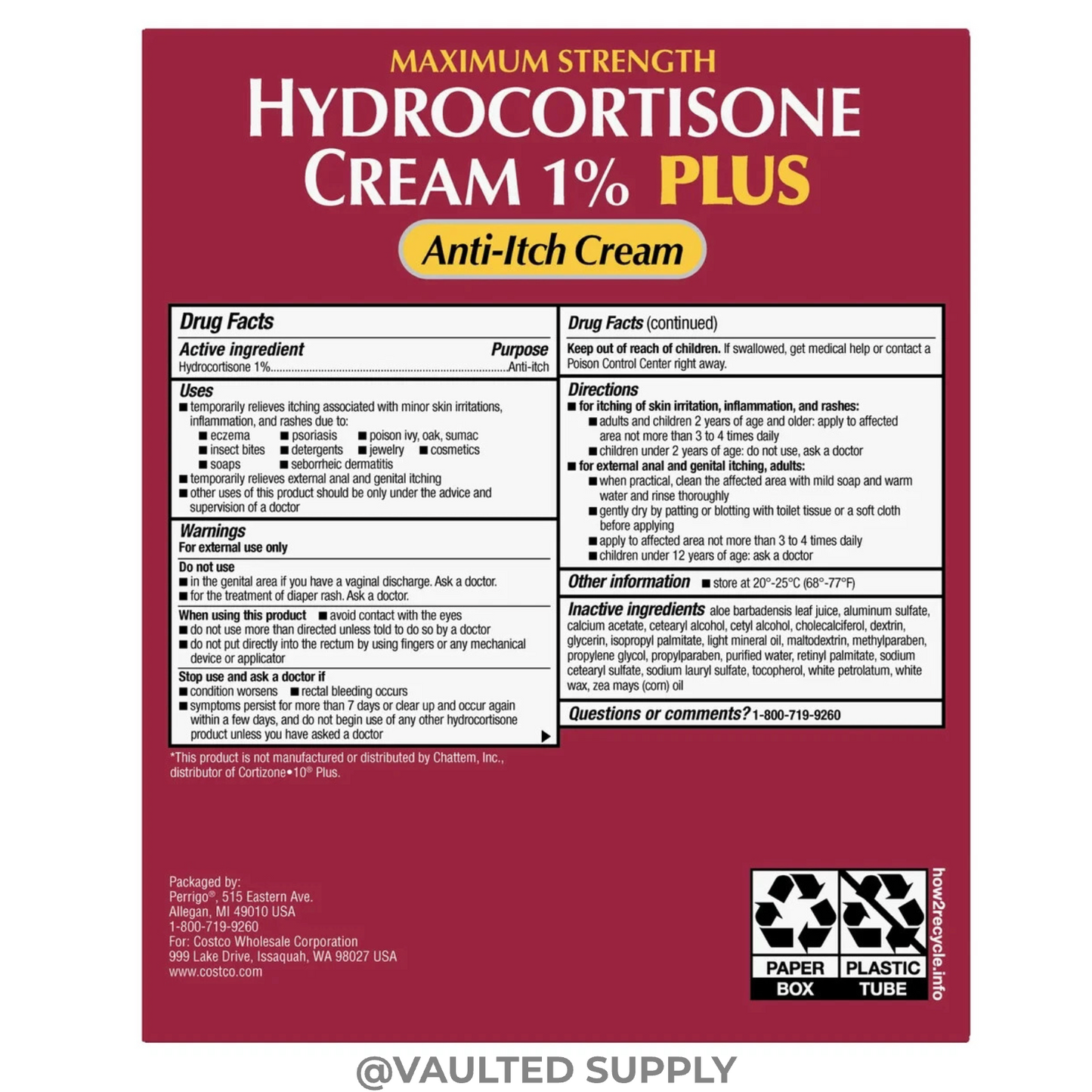 Kirkland Hydrocortisone Cream 1% PLUS 8 Tubes 2oz Each Max Strength Anti-Itch