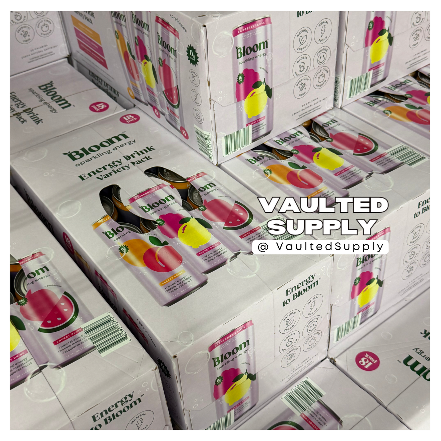 Bloom Sparkling Energy Drink Variety Pack 18 Cans – Peach Mango, Lemon, Watermel