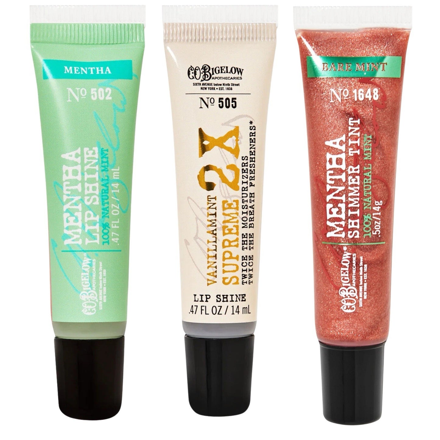 (3) C.O. Bigelow Lip Shine Variety Pack - Mentha, Vanilla-Mint, Bare Mint.