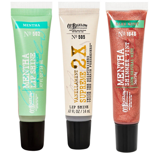 (3) C.O. Bigelow Lip Shine Variety Pack - Mentha, Vanilla-Mint, Bare Mint.