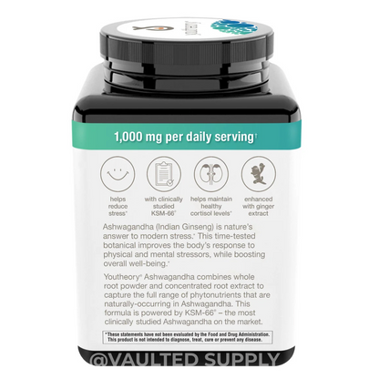 Youtheory Ashwagandha 1000 mg, 180 Vegetarian Capsules Exp: 05/27