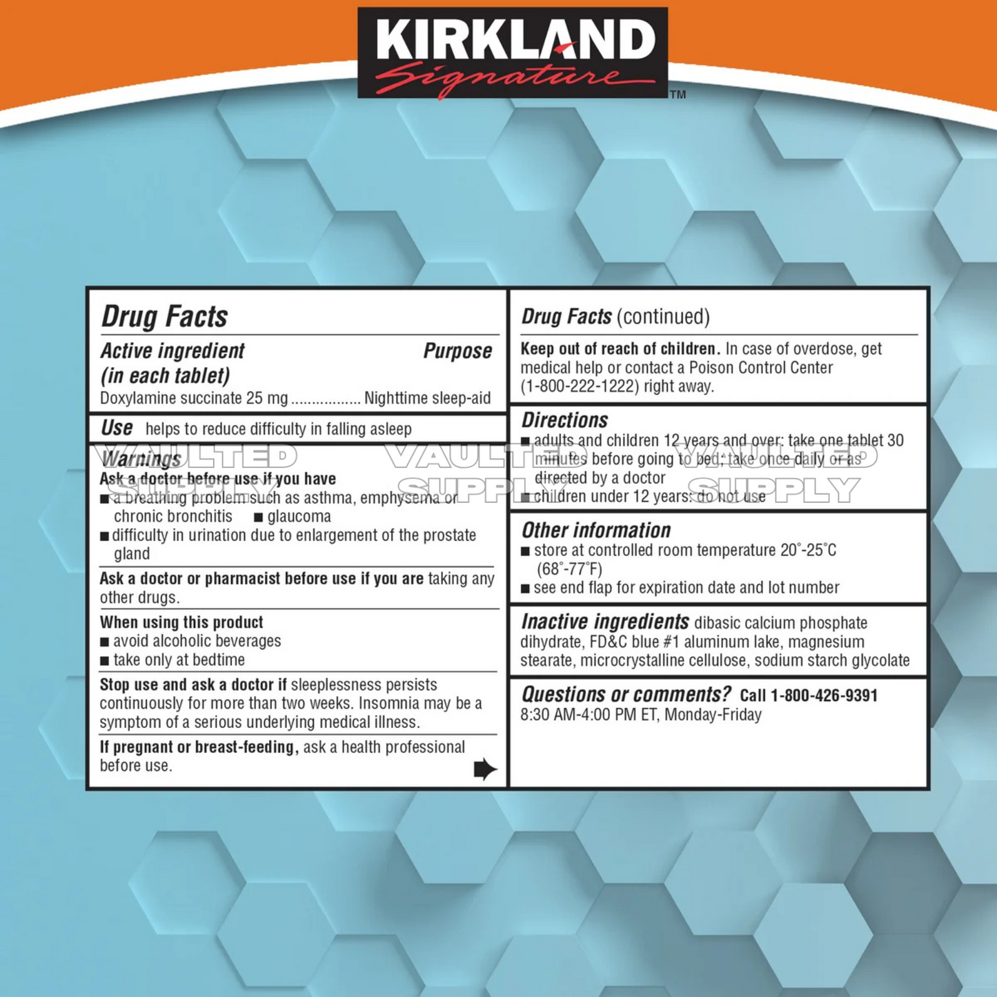 Kirkland Signature Sleep Aid 25mg 96 Tablets Nighttime Doxylamine Non-Habit
