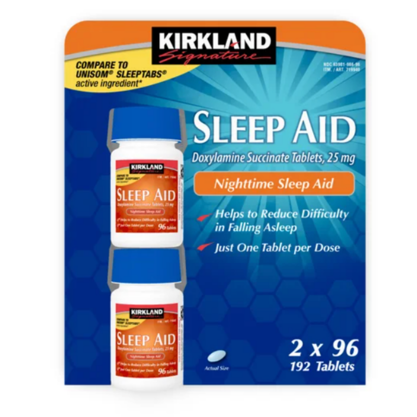 Kirkland Signature Sleep Aid 192 Tablets Doxylamine Succinate 25 Mg EXP 5/2028+