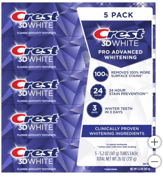 Crest 3D White Advanced Whitening Toothpaste, 5.2 oz (Pack of 5)