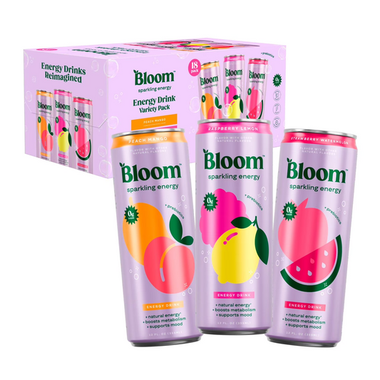 Bloom Sparkling Energy Drink Variety Pack 18 Cans – Peach Mango, Lemon, Watermel