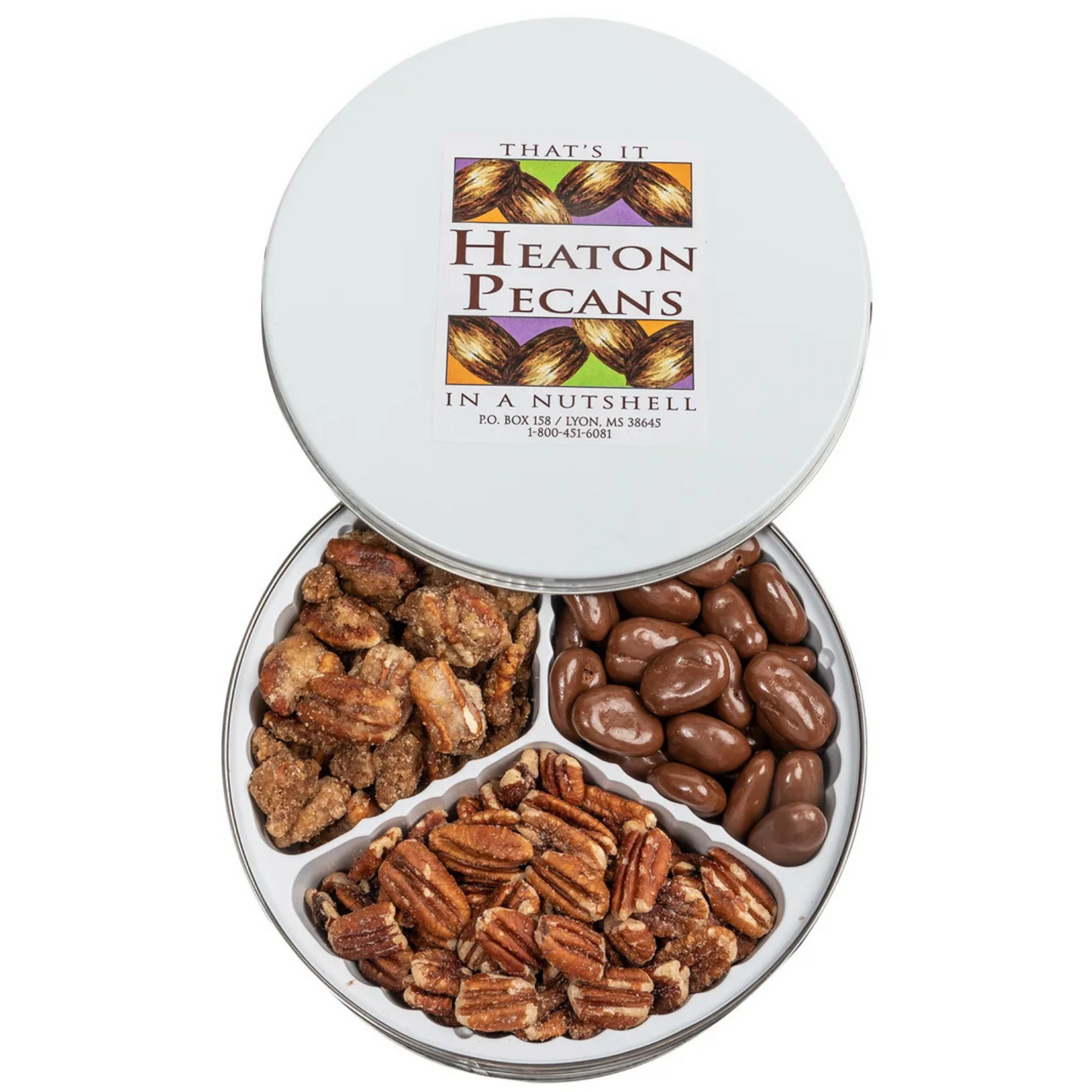 Heaton Pecans Gift Tin 2.3 lb – Roasted Salted, Chocolate Covered & Praline