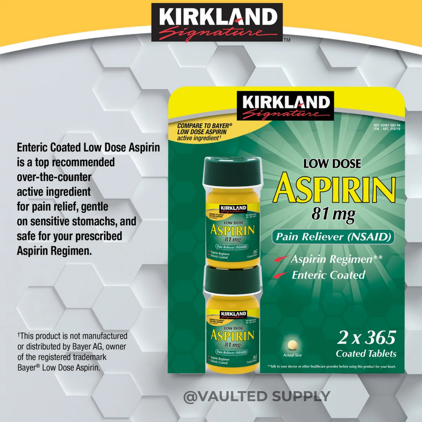 Kirkland Signature Low Dose Aspirin 81mg 365 Tablets Pain Reliever NSAID