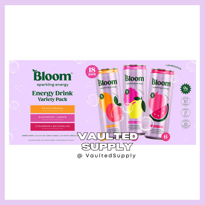 Bloom Sparkling Energy Drink Variety Pack 18 Cans – Peach Mango, Lemon, Watermel