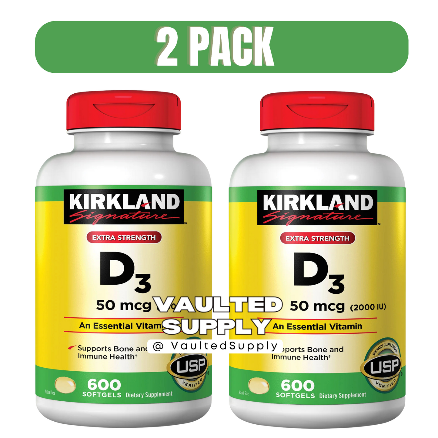 Kirkland Vitamin D3 2000 IU Extra Strength 2 Pack 1200 Softgels USP EXP 06/28