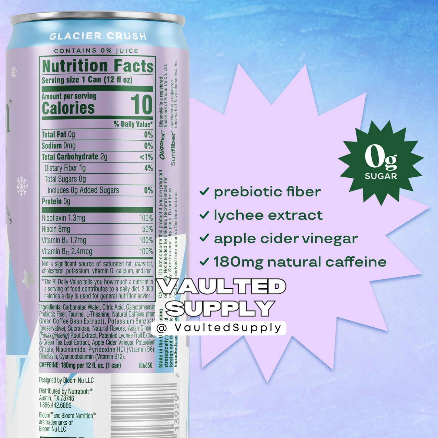 Bloom Sparkling Energy Drink Glacier Ice 8 Pack 12 fl oz – Zero Sugar Energy