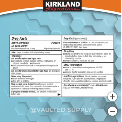 Kirkland Signature Sleep Aid 192 Tablets Doxylamine Succinate 25 Mg EXP 5/2028+