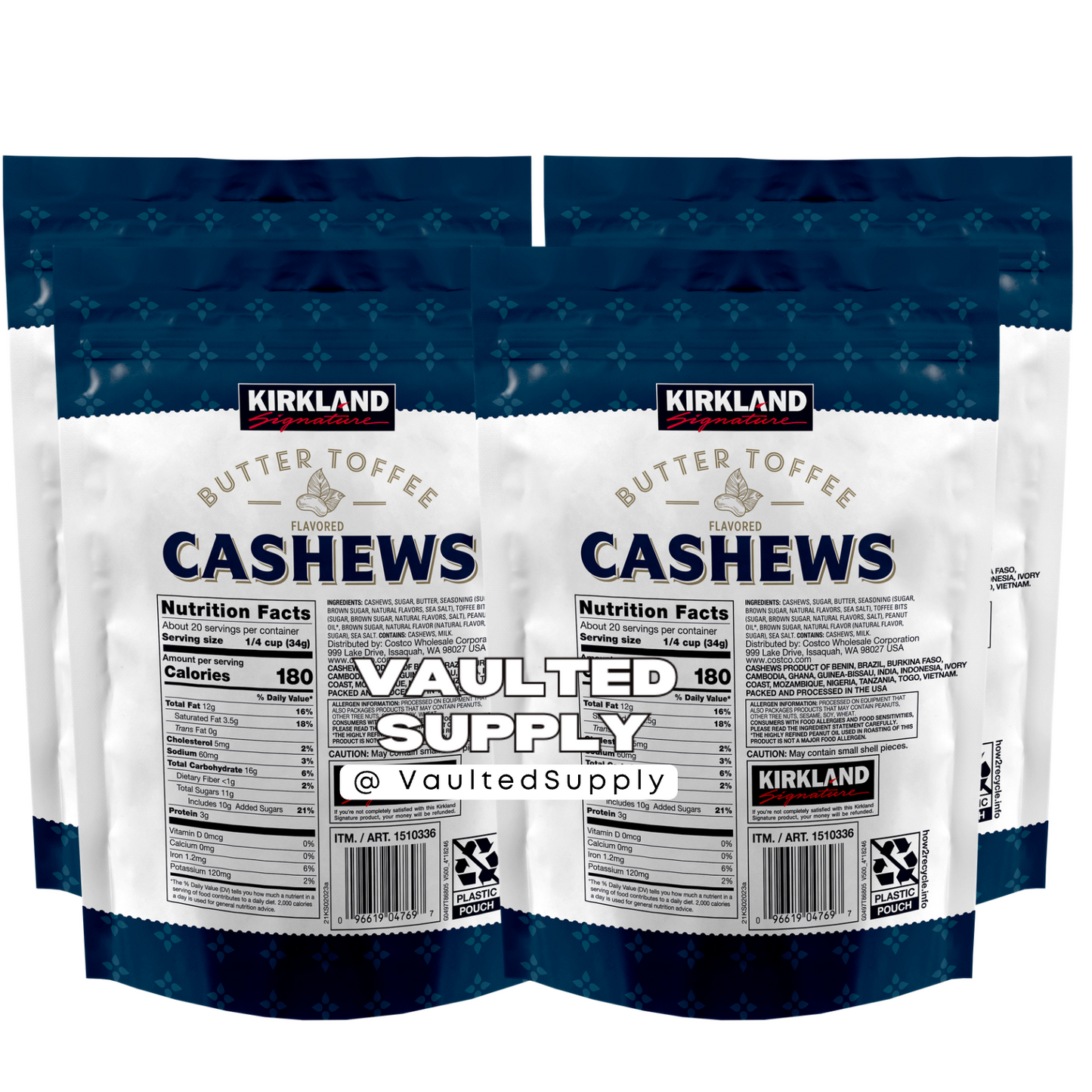 4 Packs Kirkland Signature Butter Toffee Cashews 24 oz Each = 96 oz (6 lbs)