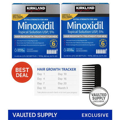 2-Pack Kirkland Minoxidil 5% + FREE Comb & Growth Tracker – Vaulted Supply