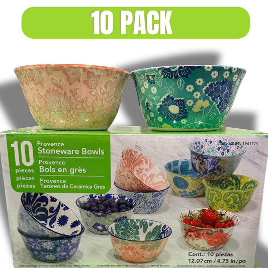 Provence Stoneware Bowls 10-Piece Set | Ceramic Snack & Dessert Bowls | Assorted